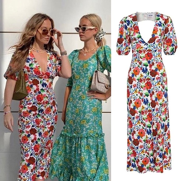 RIXO Floral Print Crepe Short Sleeve V-Neck Tied Cutout Open Back Midi Dress XS - Picture 15 of 16